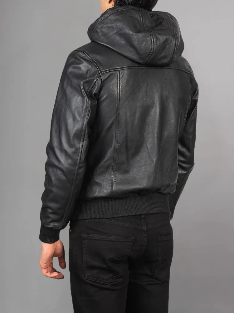 Men's Dark brown Leather Hooded Racer Jacket