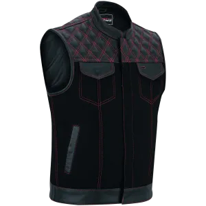 Men's Denim & Leather Motorcycle Vest with Conceal Carry Pockets and Red Stitching.