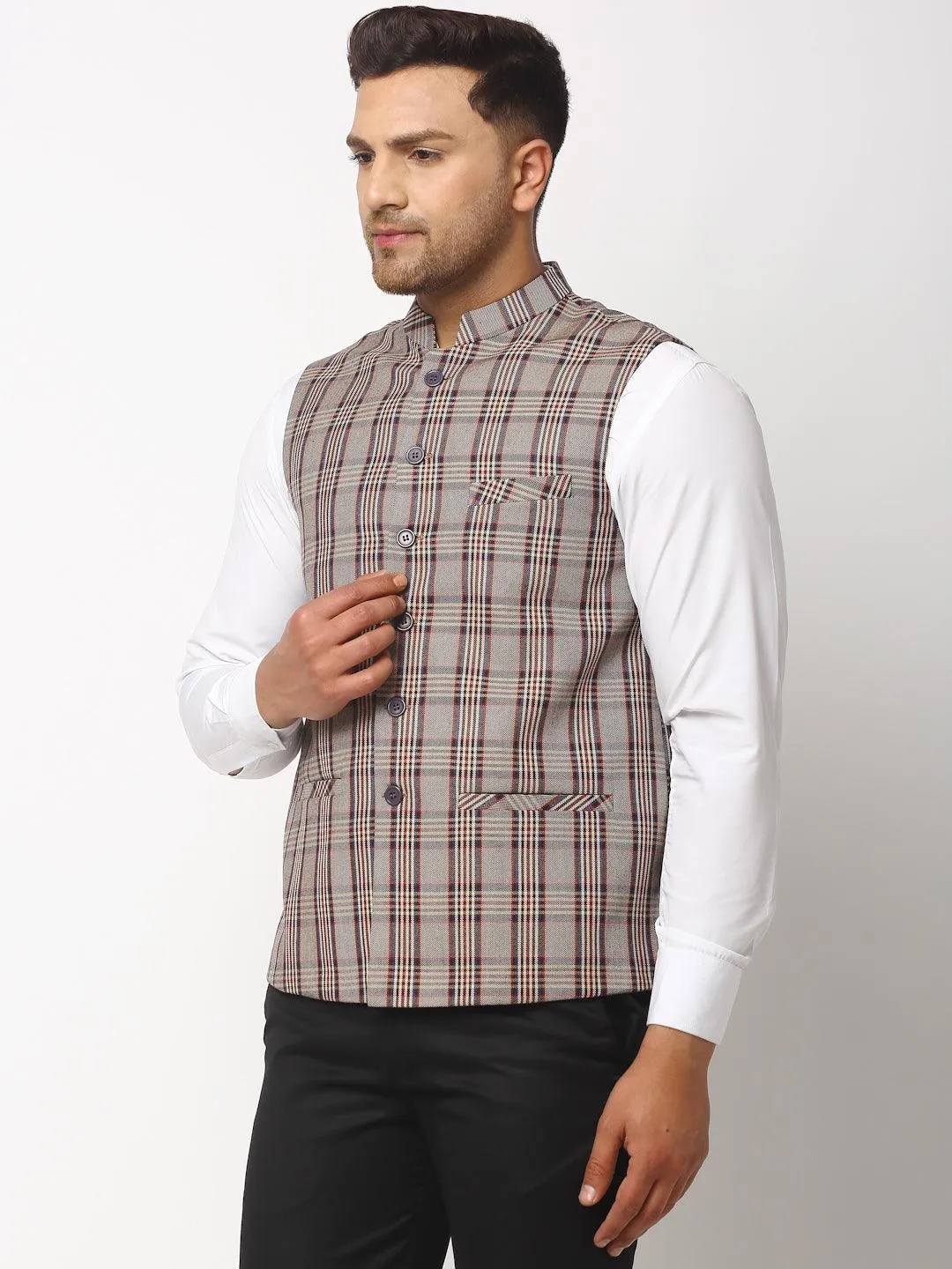 Men's Dhrohar Check Wool Nehru Jacket / Waistcoat - Brown - Size - 38 - Neudis Men