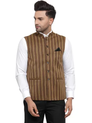 Men's Dhrohar Striped Wool Nehru Jacket / Waistcoat - Brown And Yellow - Size - 38 - Neudis Men