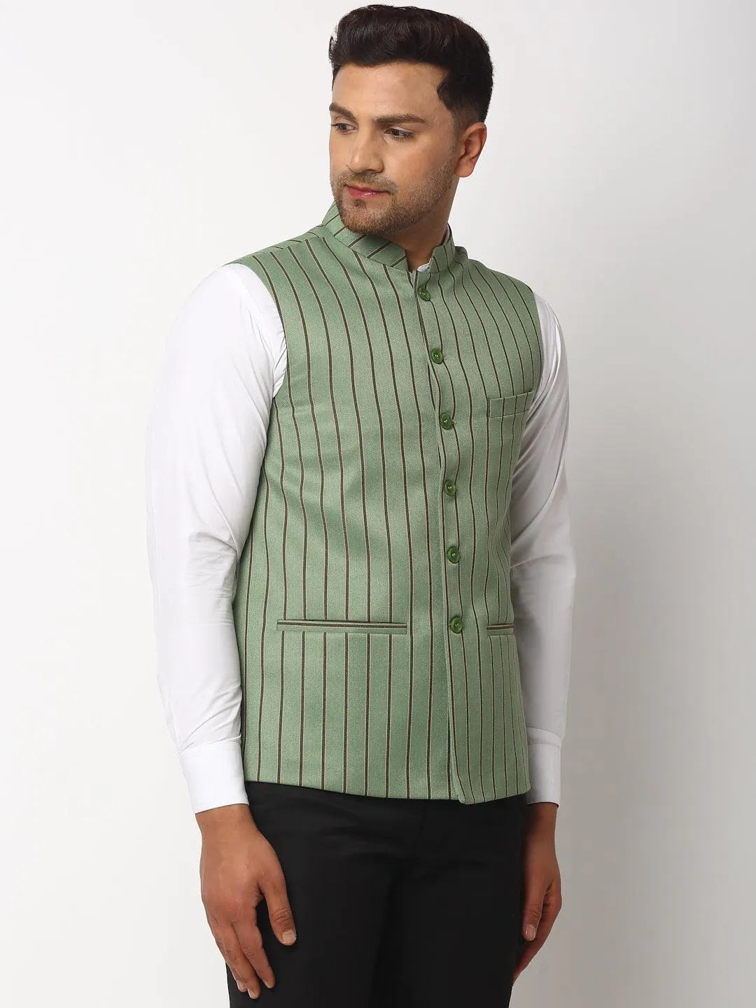 Men's Dhrohar Striped Wool Nehru Jacket / Waistcoat - Green - Size - 38 - Neudis Men