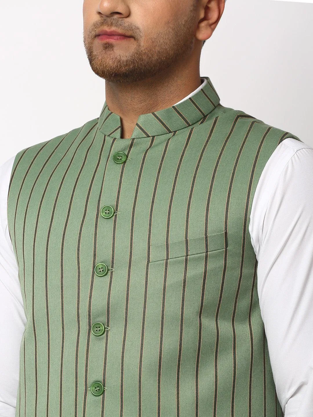 Men's Dhrohar Striped Wool Nehru Jacket / Waistcoat - Green - Size - 38 - Neudis Men