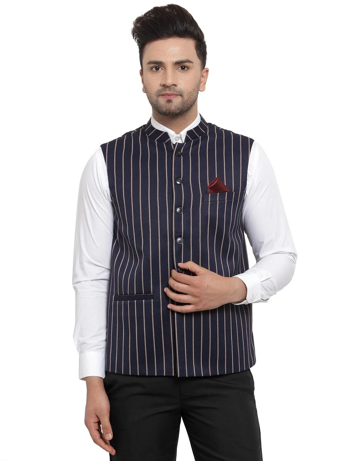 Men's Dhrohar Striped Wool Nehru Jacket / Waistcoat - Navy Blue - Size - 38 - Neudis Men