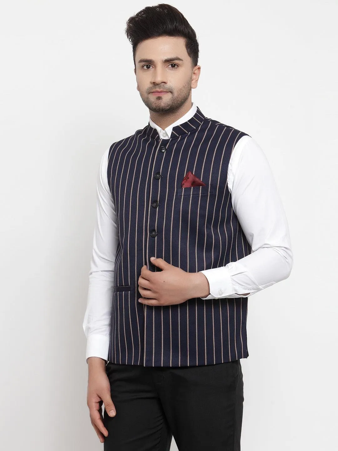 Men's Dhrohar Striped Wool Nehru Jacket / Waistcoat - Navy Blue - Size - 38 - Neudis Men