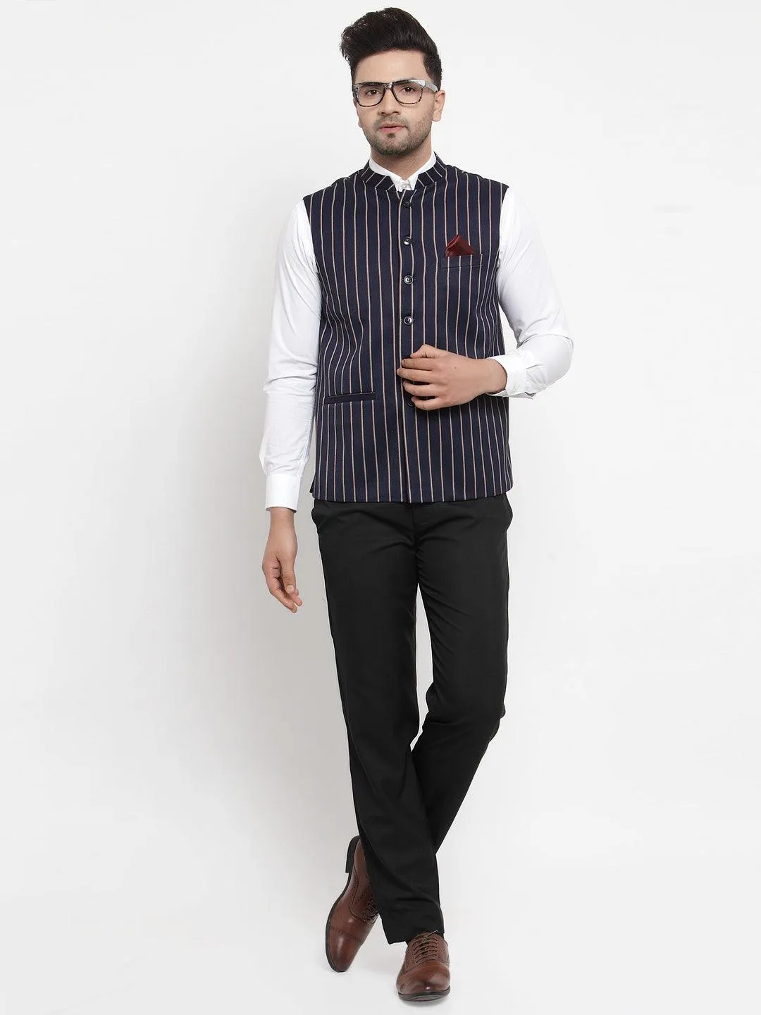 Men's Dhrohar Striped Wool Nehru Jacket / Waistcoat - Navy Blue - Size - 38 - Neudis Men