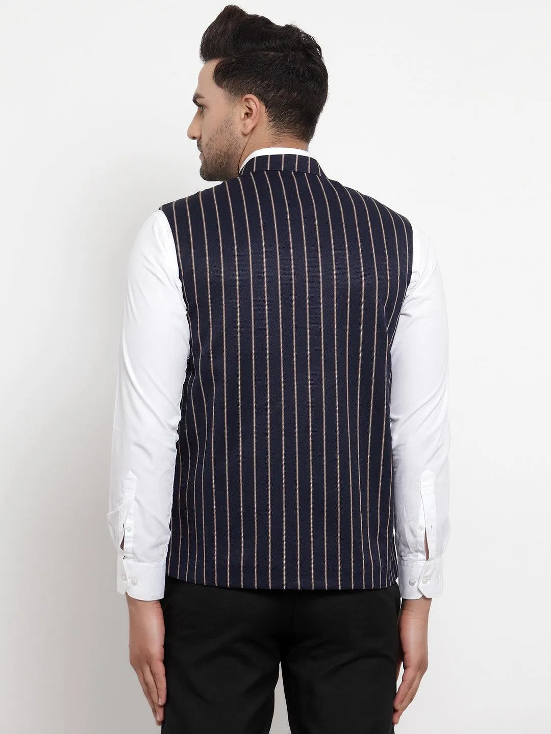 Men's Dhrohar Striped Wool Nehru Jacket / Waistcoat - Navy Blue - Size - 38 - Neudis Men