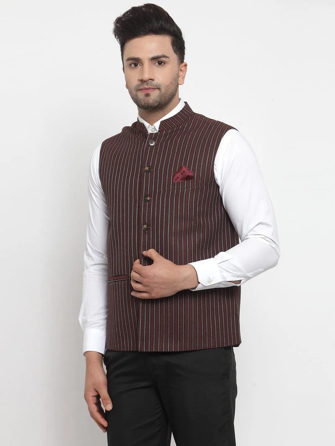 Men's Dhrohar Striped Wool Nehru Jacket / Waistcoat - Peach And Brown - Size - 38 - Neudis Men