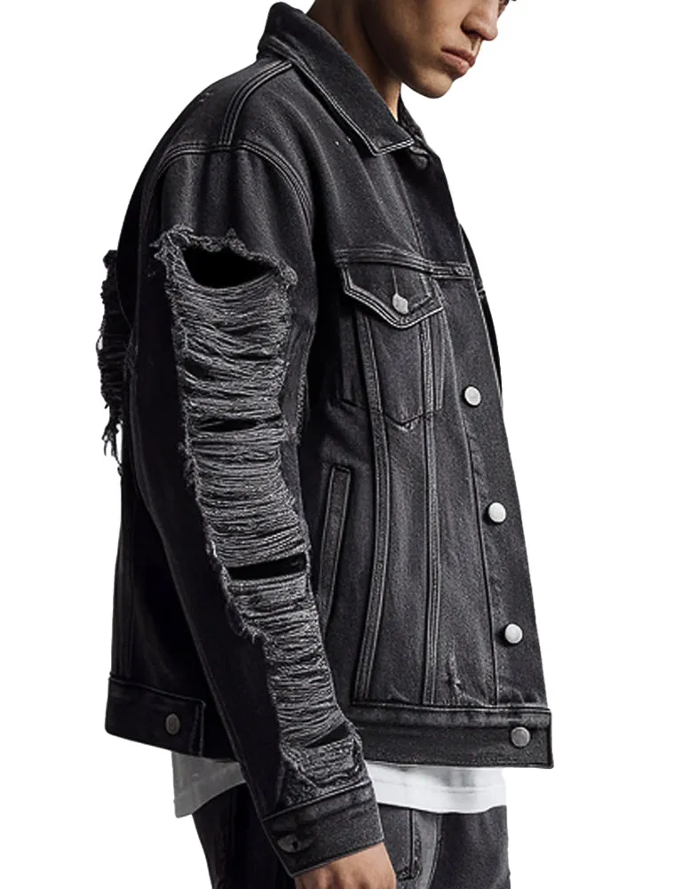 Men's Distressed Black with Ripped Sleeves Denim Jacket