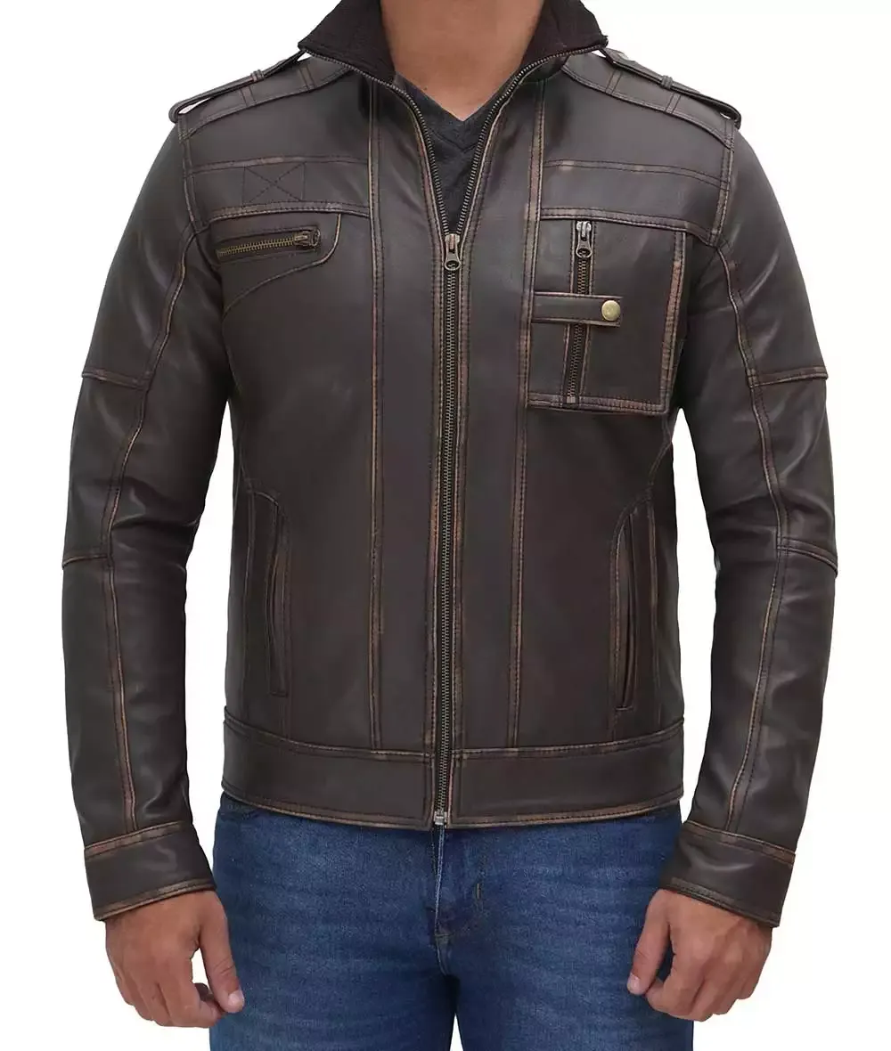 Mens Distressed Brown Cafe Racer Leather Jacket