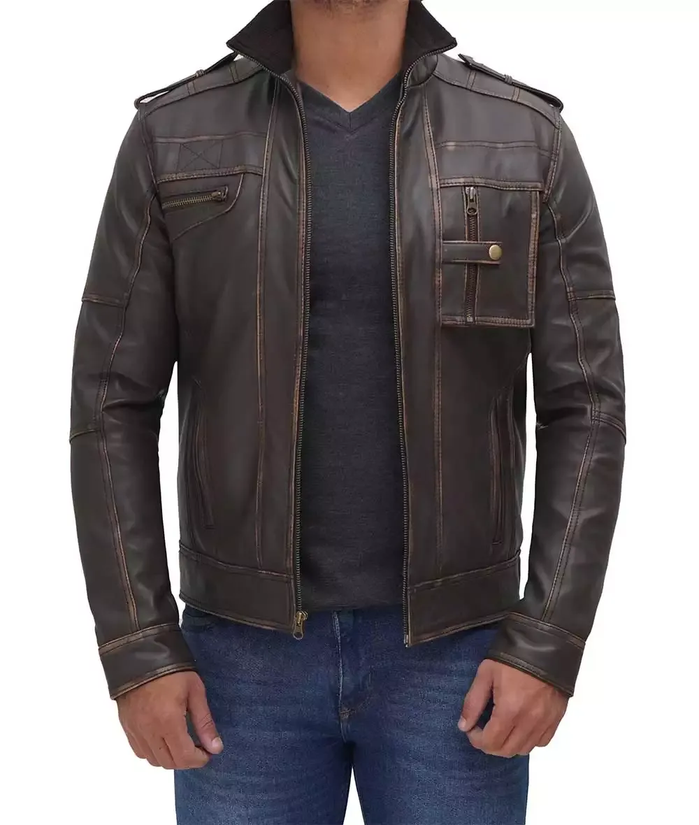 Mens Distressed Brown Cafe Racer Leather Jacket