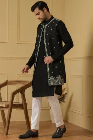 Men's Elegant Dupion Silk Long Nehru Jacket Set - Hilo Design