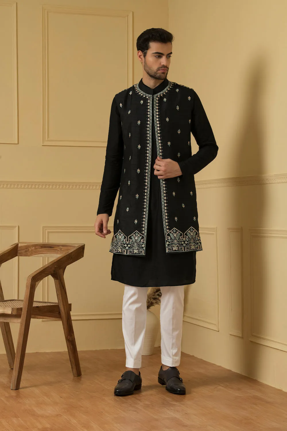 Men's Elegant Dupion Silk Long Nehru Jacket Set - Hilo Design