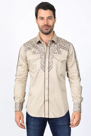 Mens Embroidery Modern Fit Stretch Khaki Long Sleeve Shirt