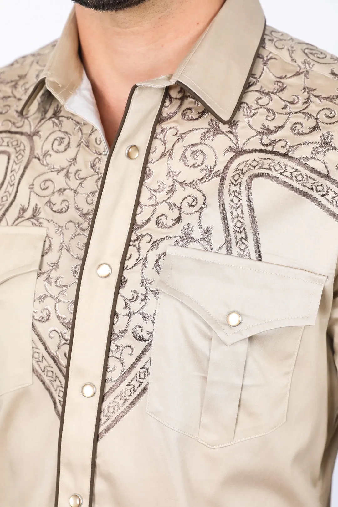 Mens Embroidery Modern Fit Stretch Khaki Long Sleeve Shirt