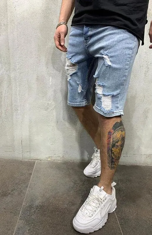 Men's Fashion Mid Waist Ripped Slim Short Jeans