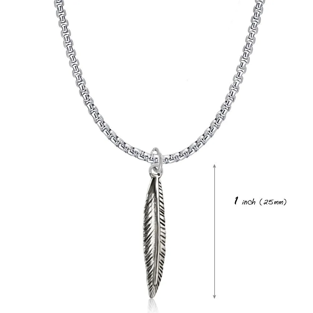 Mens Feather Necklace - Sweatproof and Waterproof Mens Jewelry - Stainless Steel Chain, Pendant