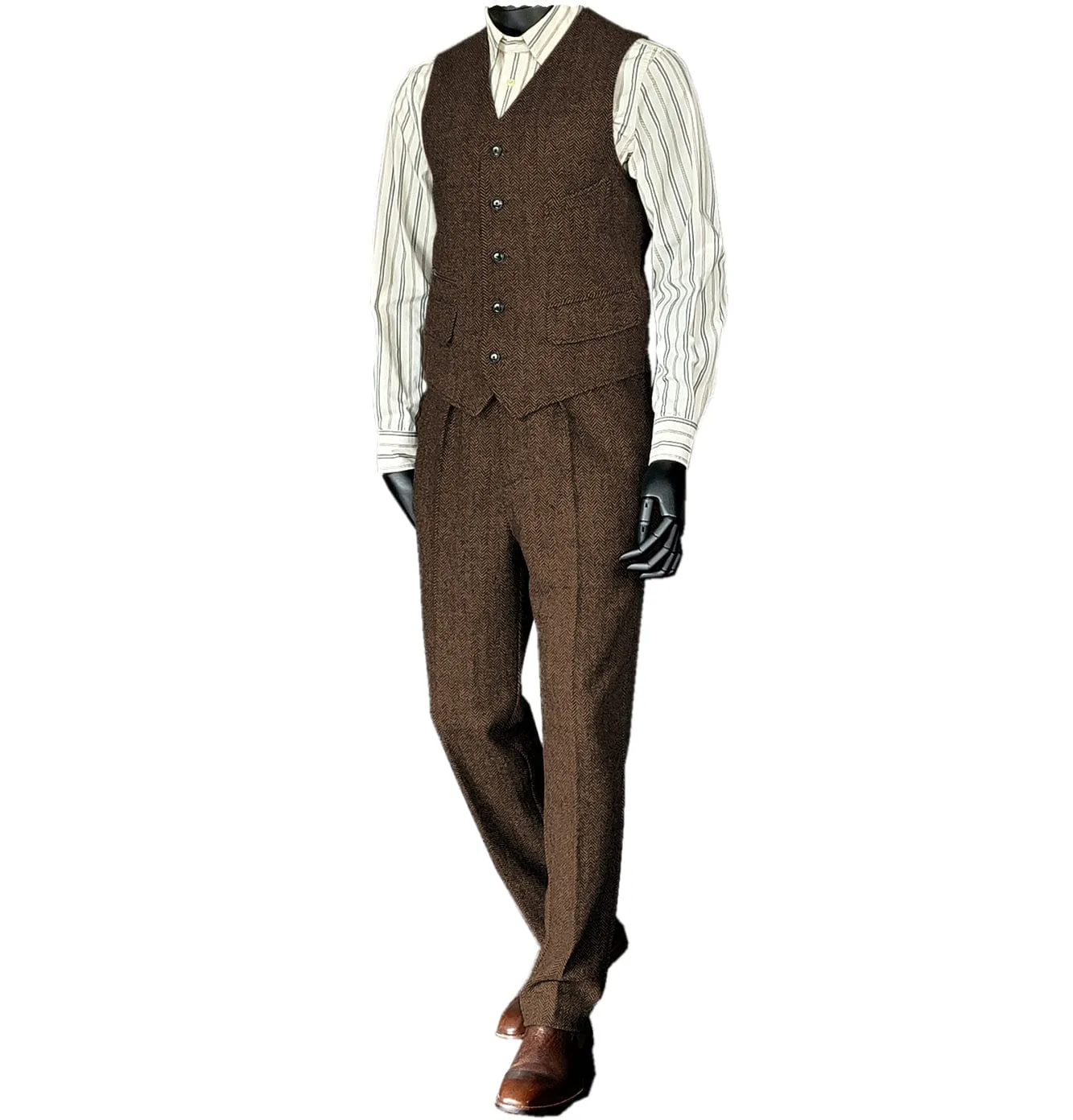 Men's Flat Herringbone v Neck 2 Pieces（Waistcoat Pants）