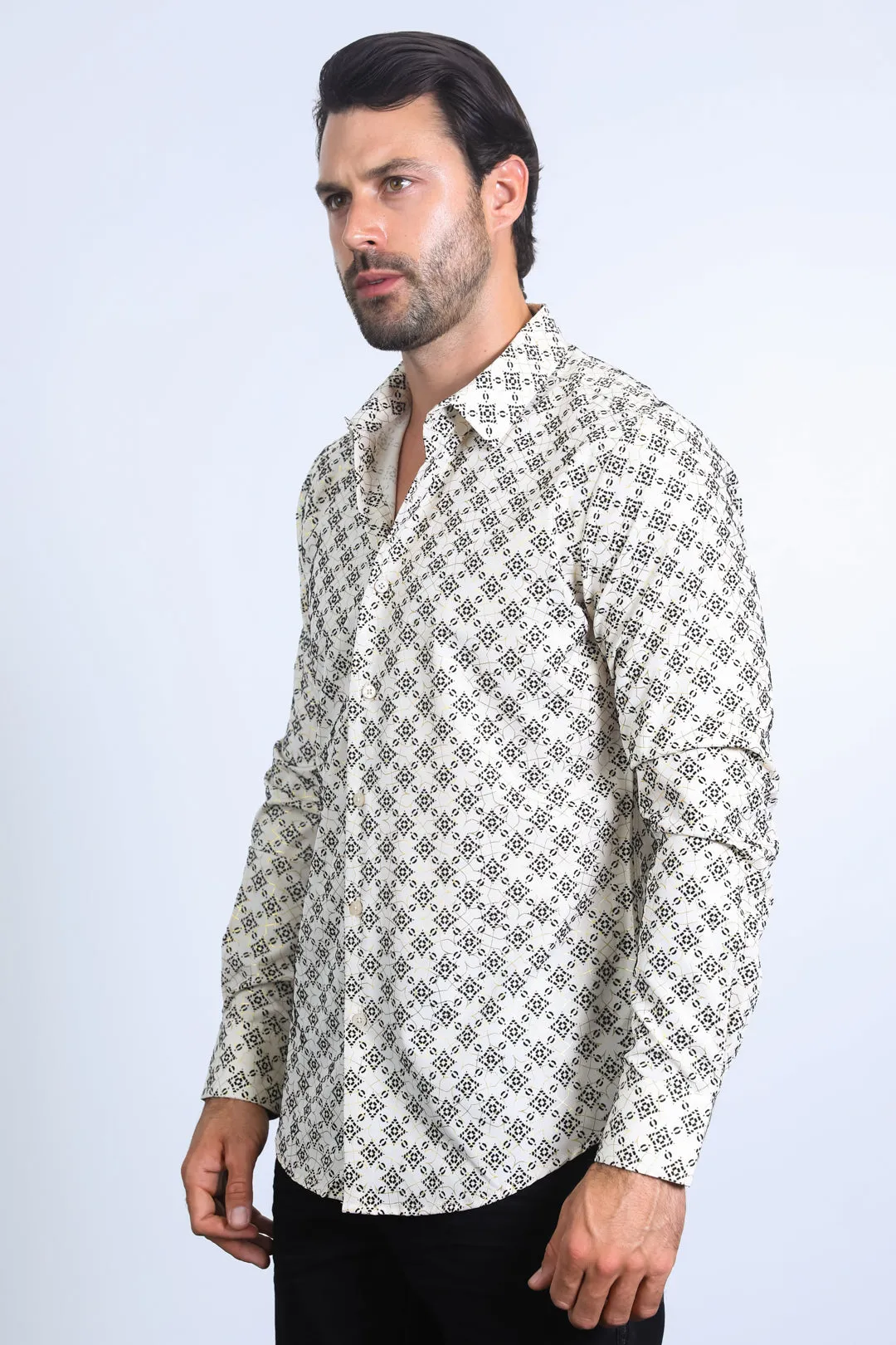 Men's Flocked Style Modern Fit Spandex Beige Shirt