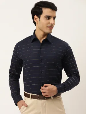 Men's Formal Cotton Horizontal Striped Shirt ( SF 790Navy ) - Jainish