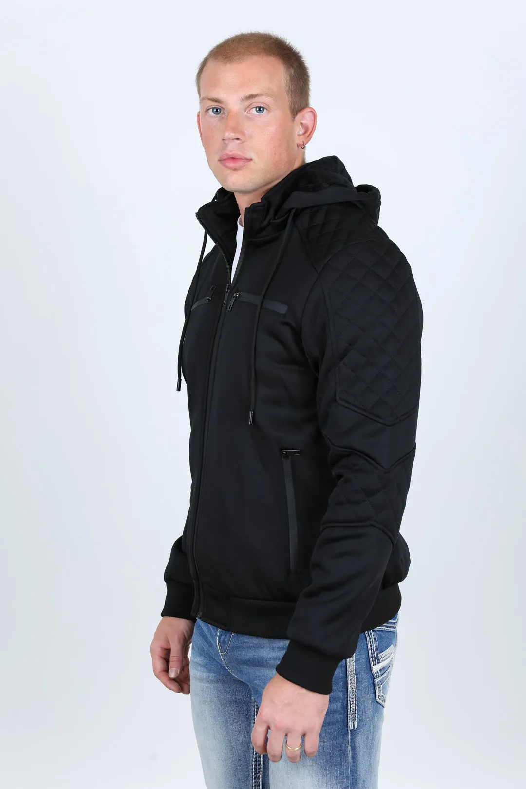 Mens Fur Lined Quilted Hooded Jacket - Black