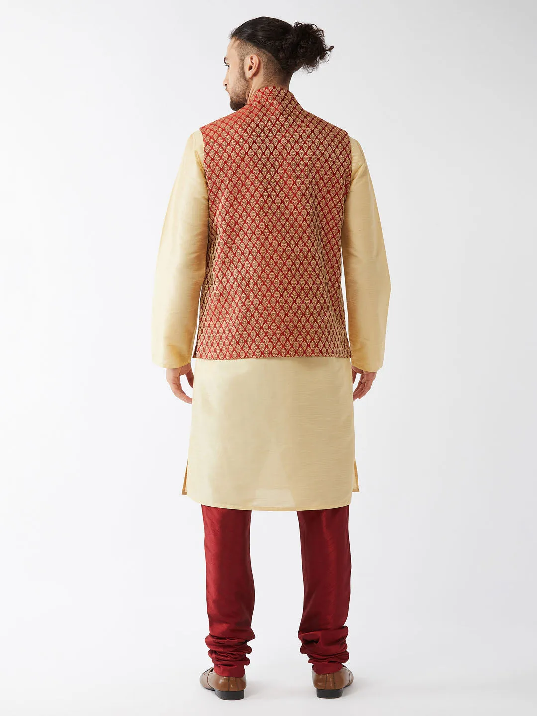 Men's Gold And Maroon Silk Blend Jacket, Kurta And Pyjama Set - Vastramay