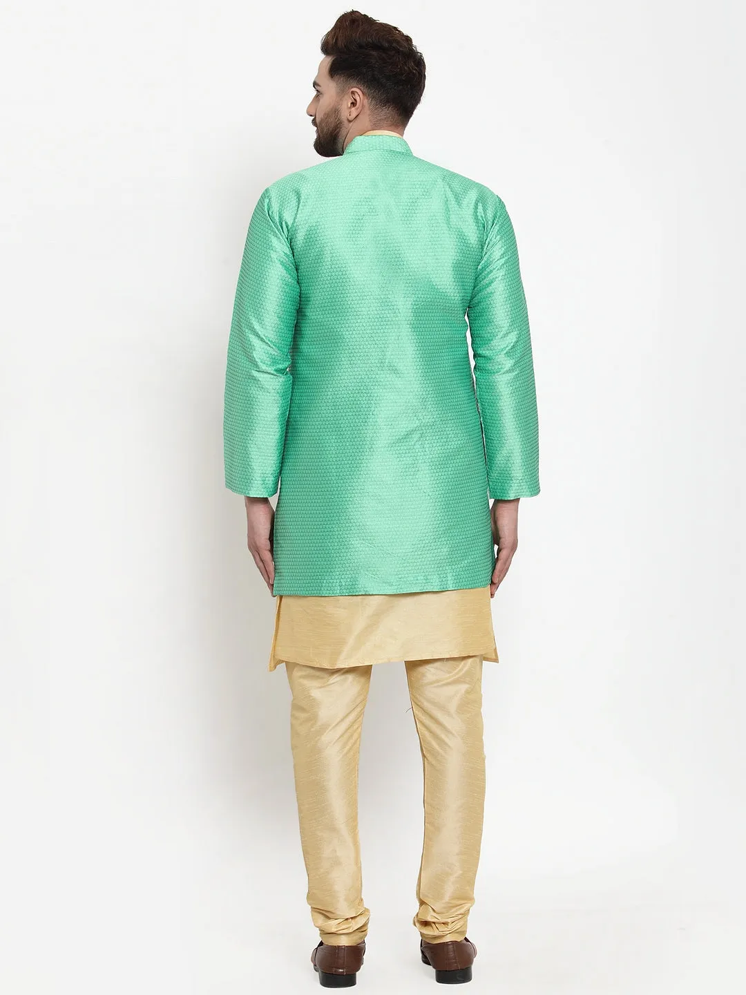 Men's Gold Kurta With Pyjama & Light Green Self Design Jacket - Benstoke