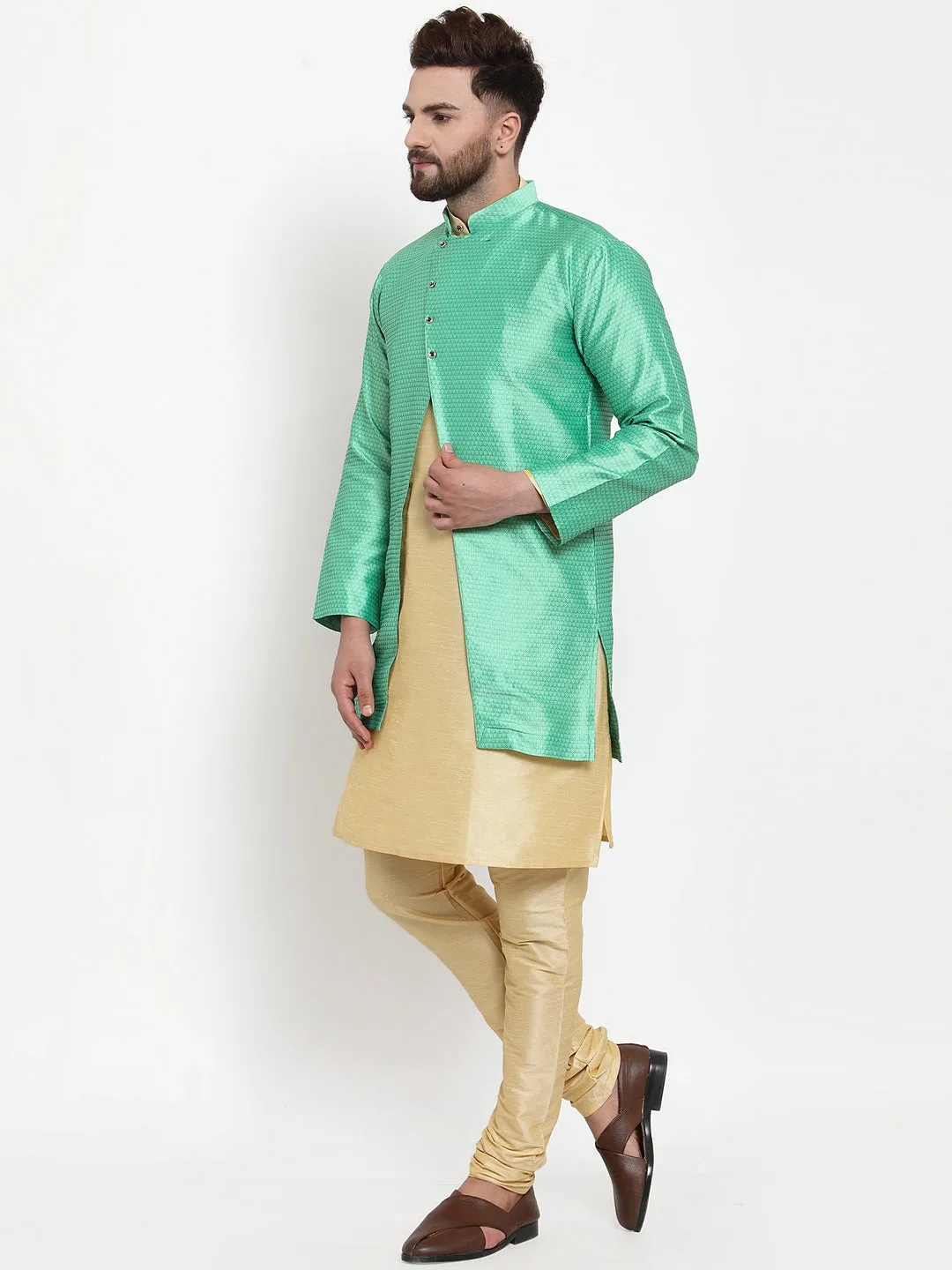 Men's Gold Kurta With Pyjama & Light Green Self Design Jacket - Benstoke