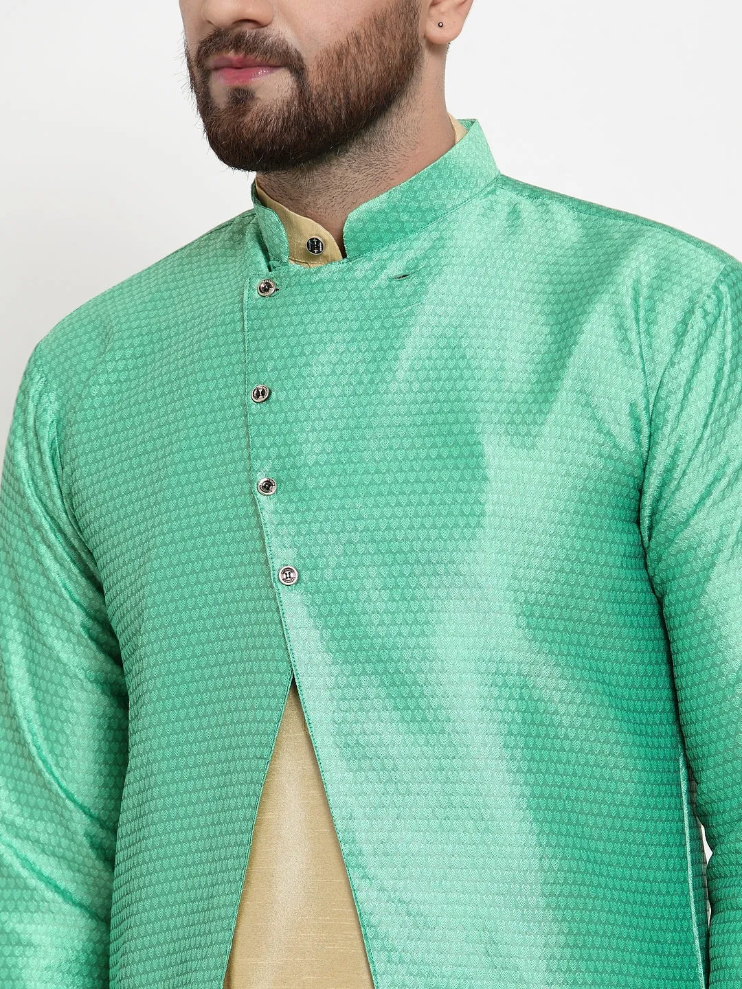 Men's Gold Kurta With Pyjama & Light Green Self Design Jacket - Benstoke