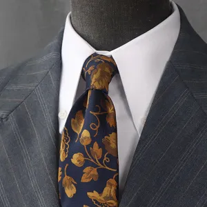 Men's Gold Morning Glories Navy Blue Necktie