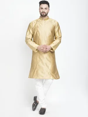 Men's Gold Self Design Kurta With White Churidaar Pyjama - Benstoke