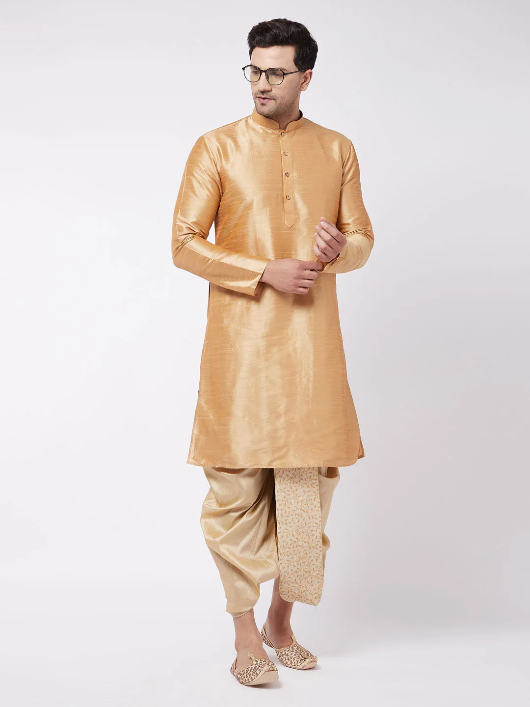 Men's Gold Silk Blend Embroidered Dhoti - Vastramay