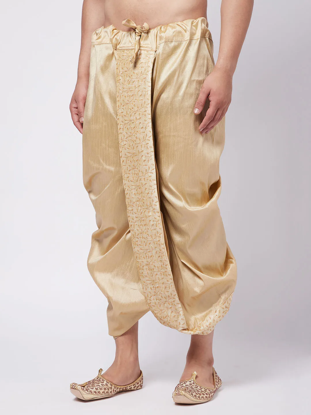 Men's Gold Silk Blend Embroidered Dhoti - Vastramay