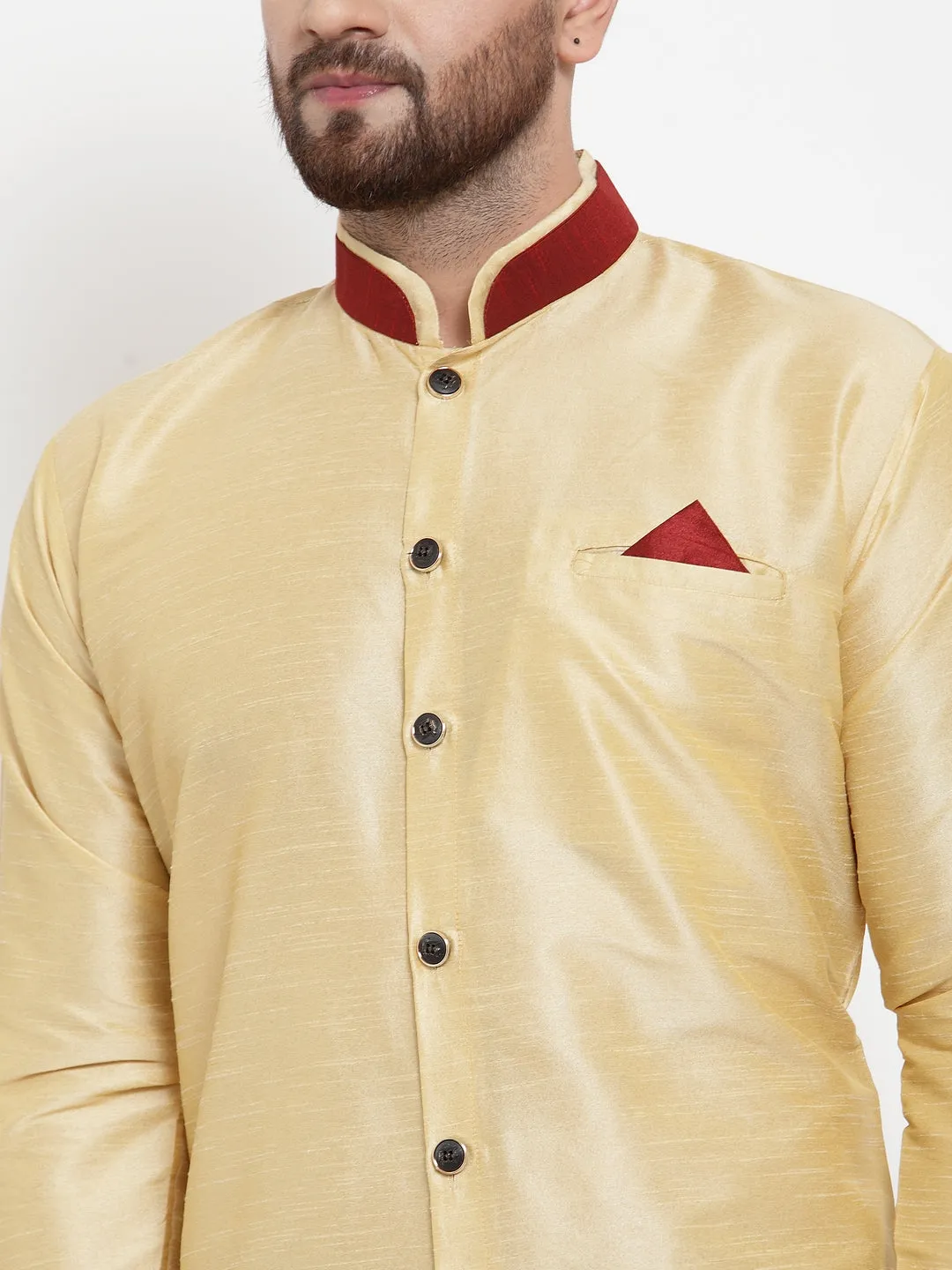 Men's Gold Solid Kurta With Maroon Churidaar Pyjama Set - Benstoke