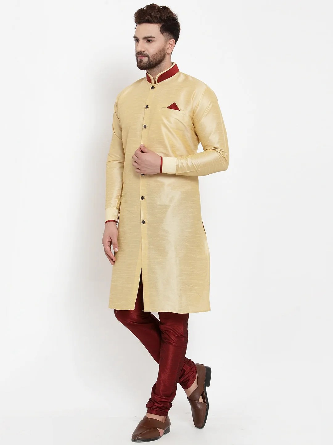 Men's Gold Solid Kurta With Maroon Churidaar Pyjama Set - Benstoke