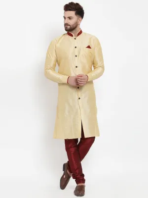 Men's Gold Solid Kurta With Maroon Churidaar Pyjama Set - Benstoke