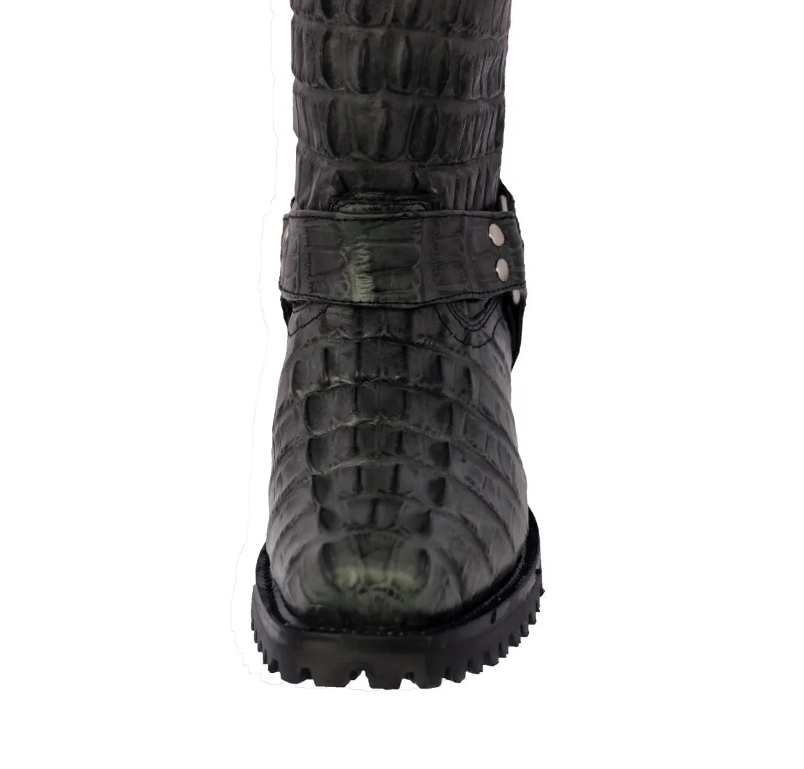 Mens Gray Motorcycle Boots Crocodile Tail Print - Square Toe