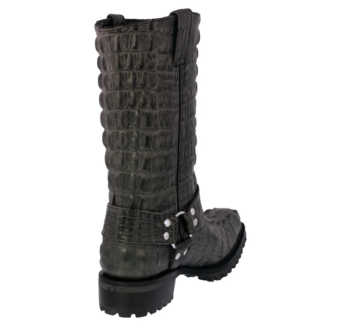 Mens Gray Motorcycle Boots Crocodile Tail Print - Square Toe