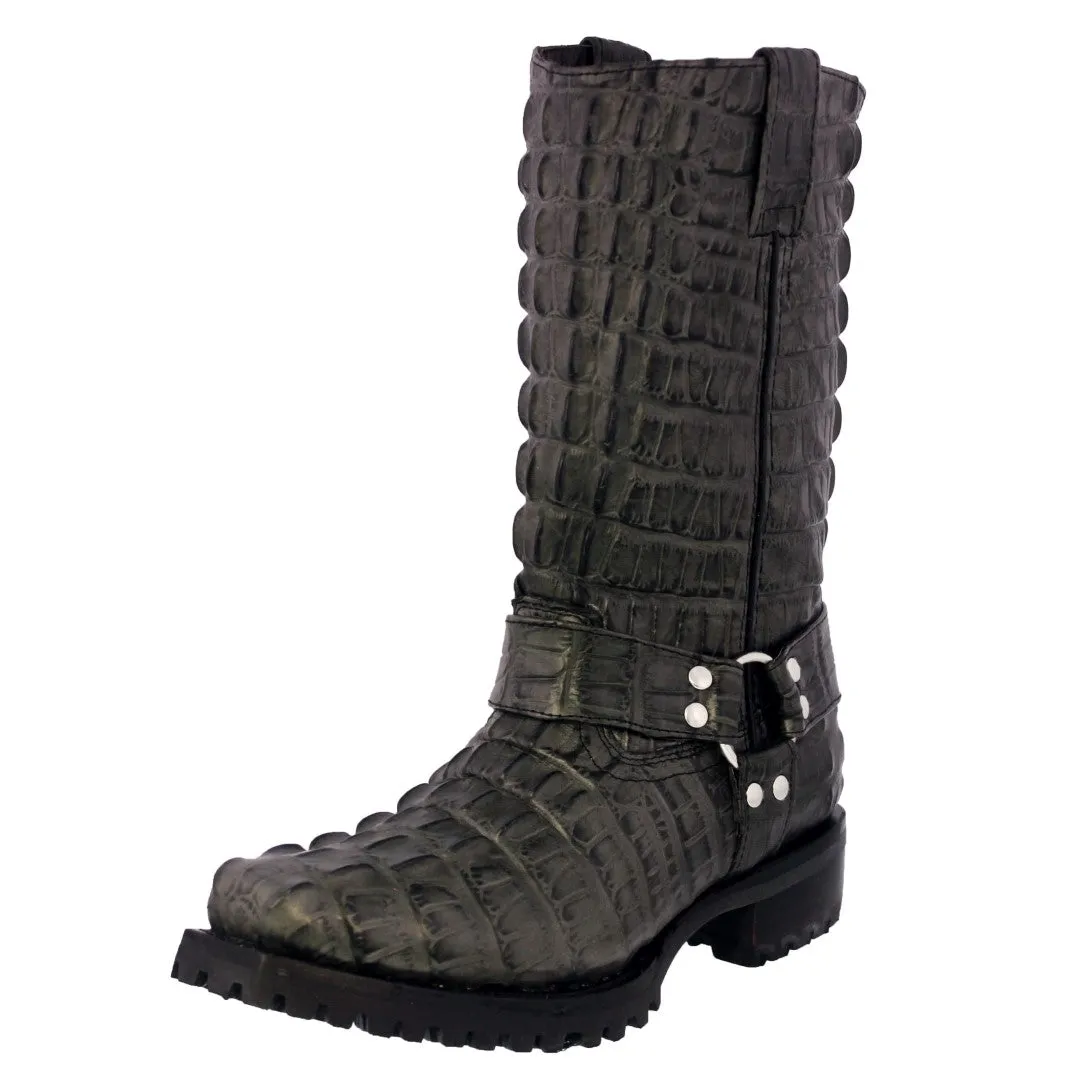 Mens Gray Motorcycle Boots Crocodile Tail Print - Square Toe