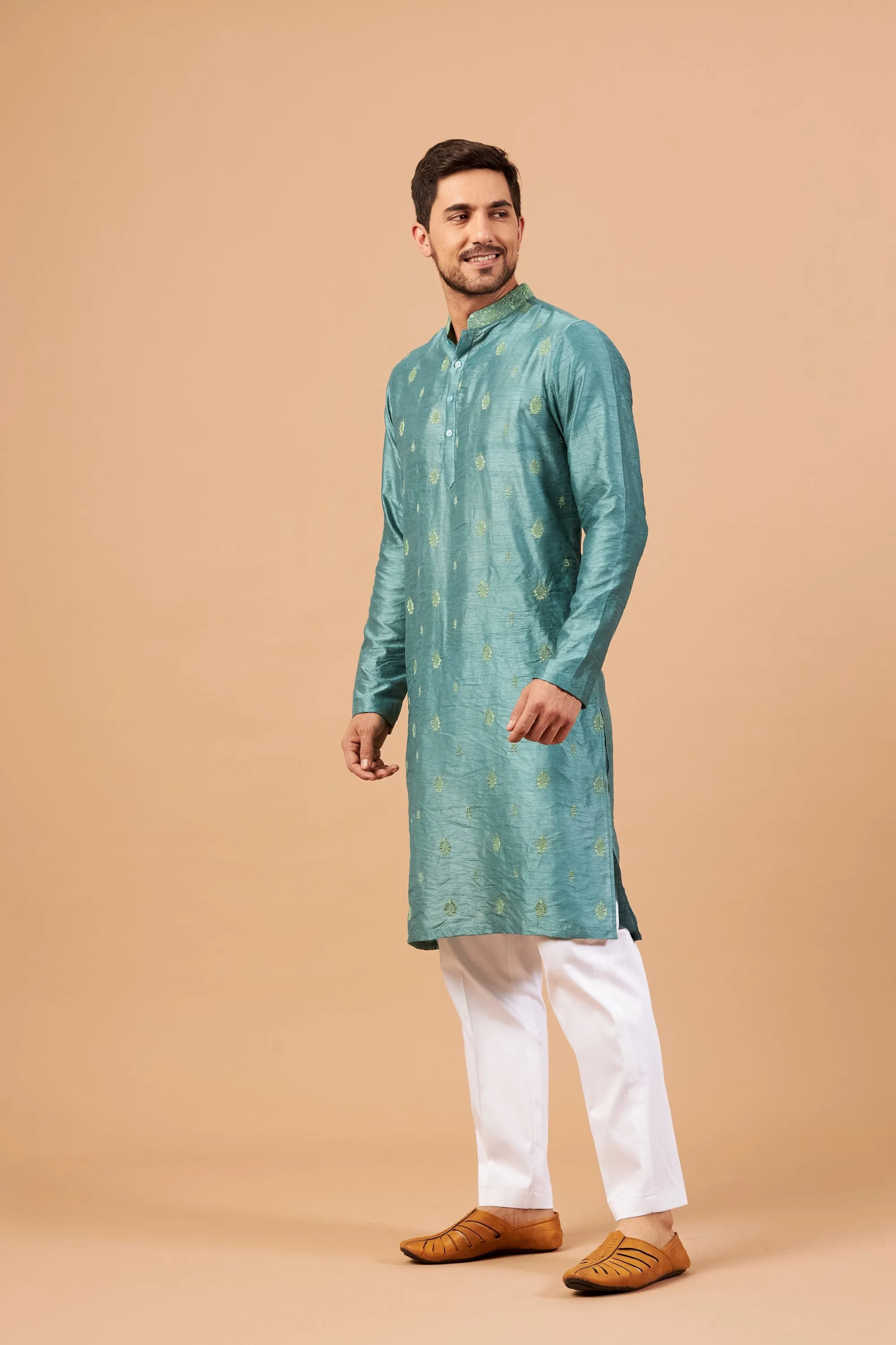 Men's Greafy Two Motif Embroidered Green Kurta With Crop Pants - Hilo Design