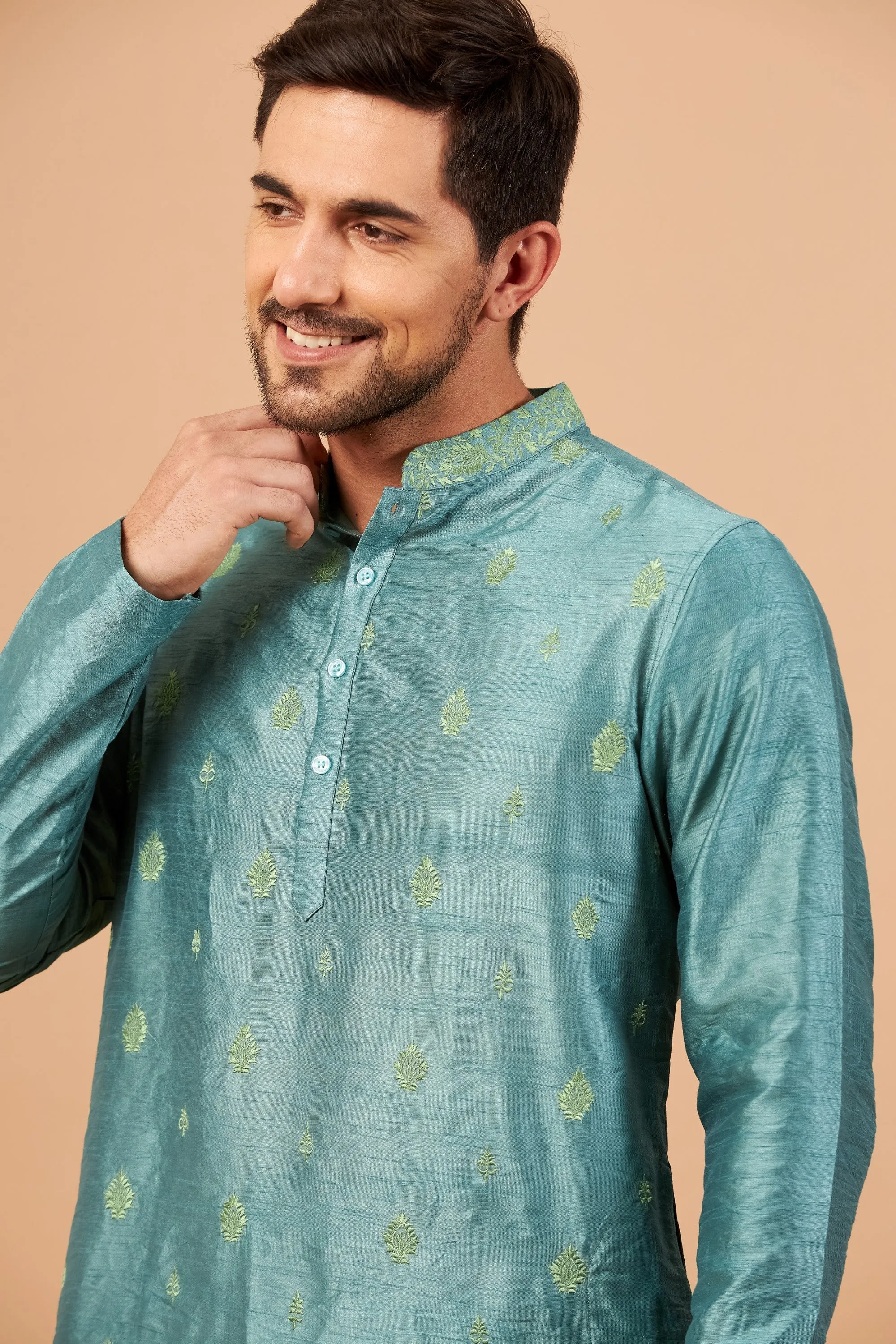 Men's Greafy Two Motif Embroidered Green Kurta With Crop Pants - Hilo Design