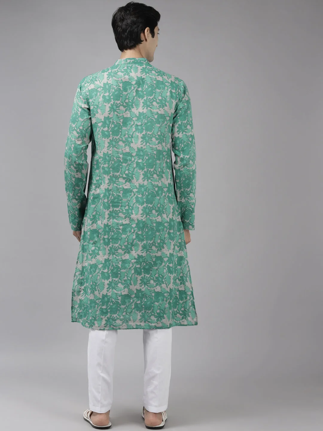 Men's Green & Beige Printed Pure Cotton Straight Kurta - See Designs