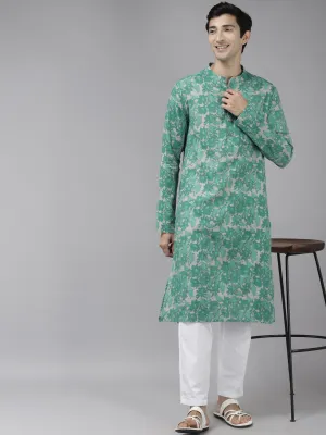 Men's Green & Beige Printed Pure Cotton Straight Kurta - See Designs