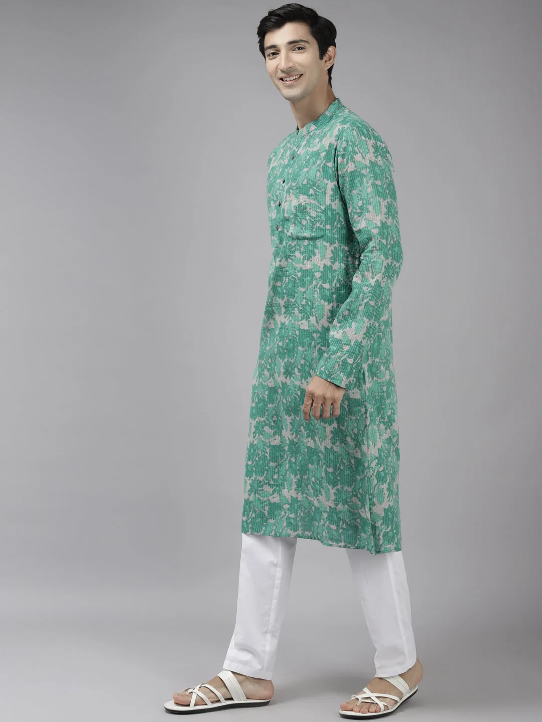 Men's Green & Beige Printed Pure Cotton Straight Kurta - See Designs