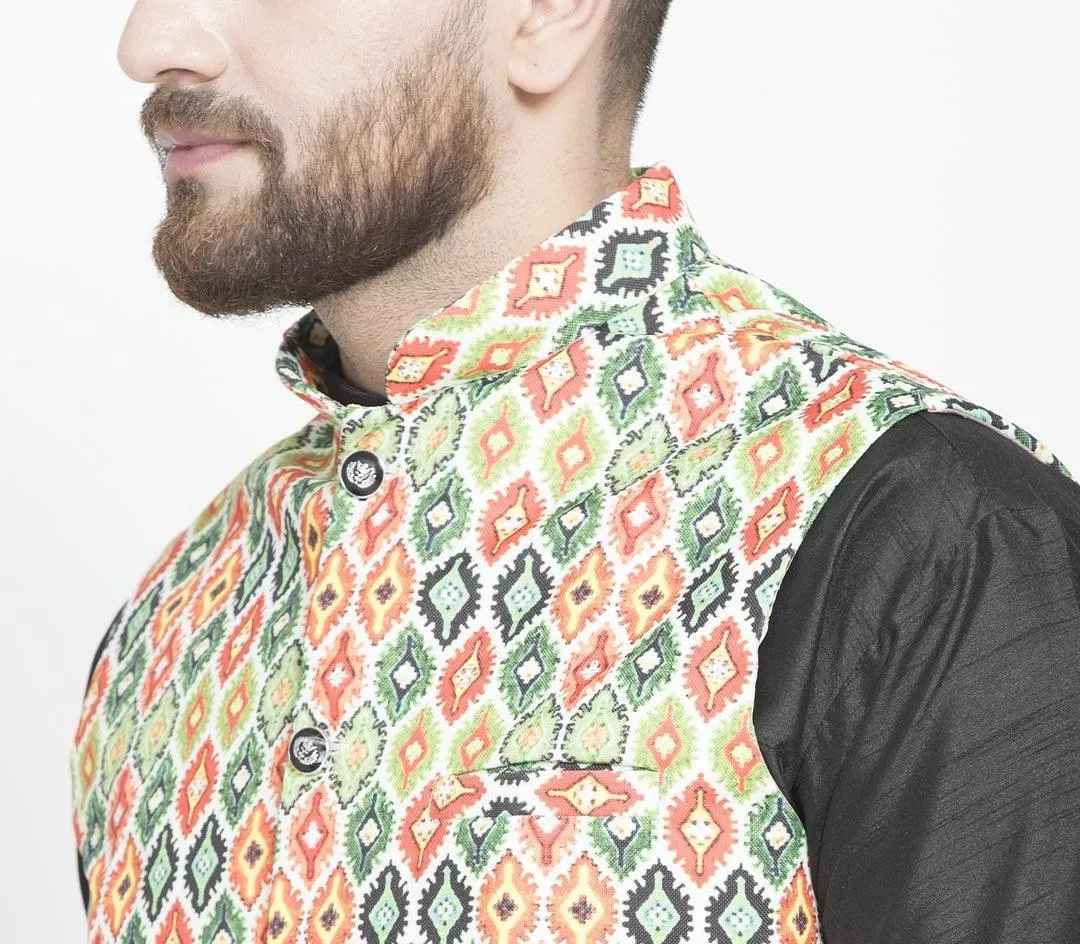 Men's Green & Multi Printed Nehru Jacket - Benstoke