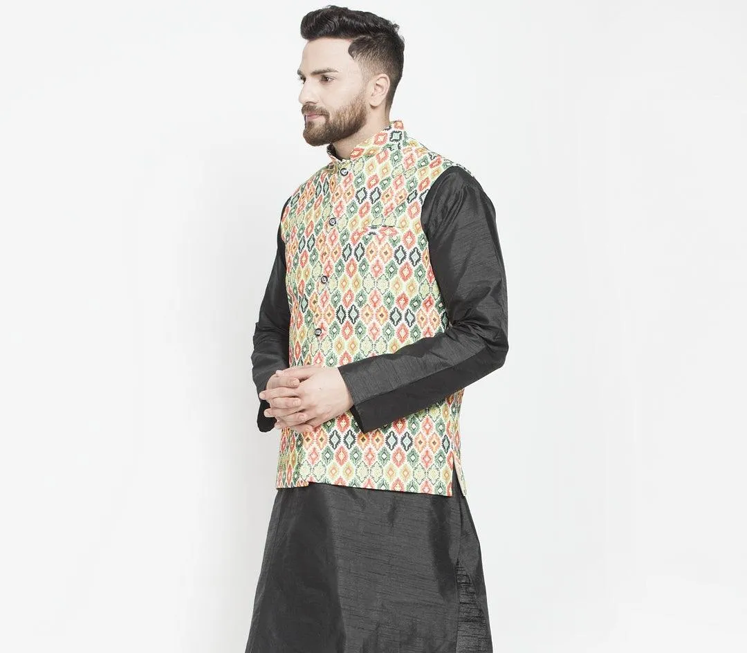 Men's Green & Multi Printed Nehru Jacket - Benstoke