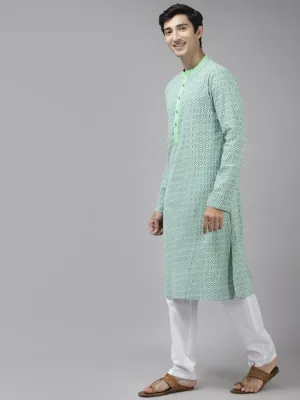 Men's Green & White Printed Pure Cotton Straight Kurta - See Designs