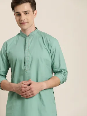 Men's Green And White Cotton Twill Kurta Pyjama Set - Vastramay