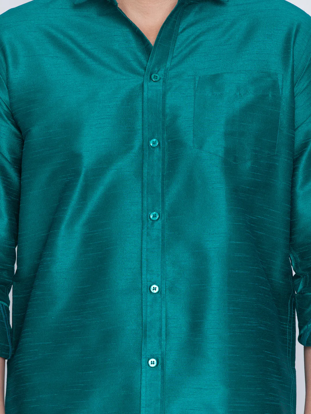 Men's Green And White Silk Blend Shirt And Mundu - Vastramay