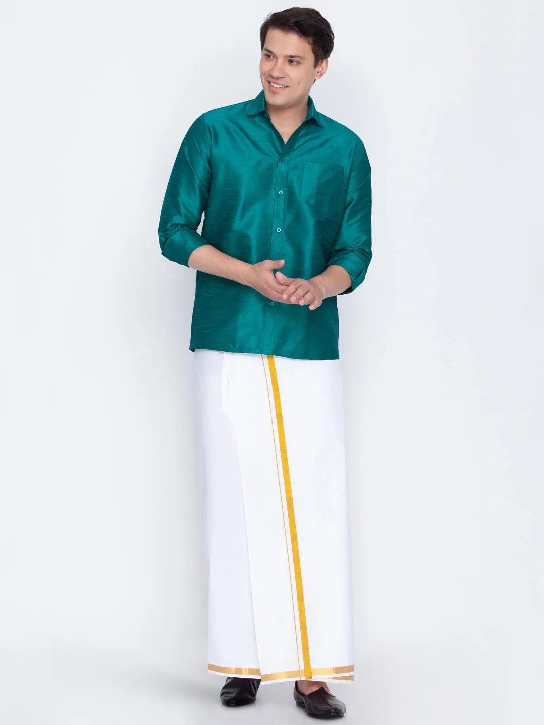 Men's Green And White Silk Blend Shirt And Mundu - Vastramay