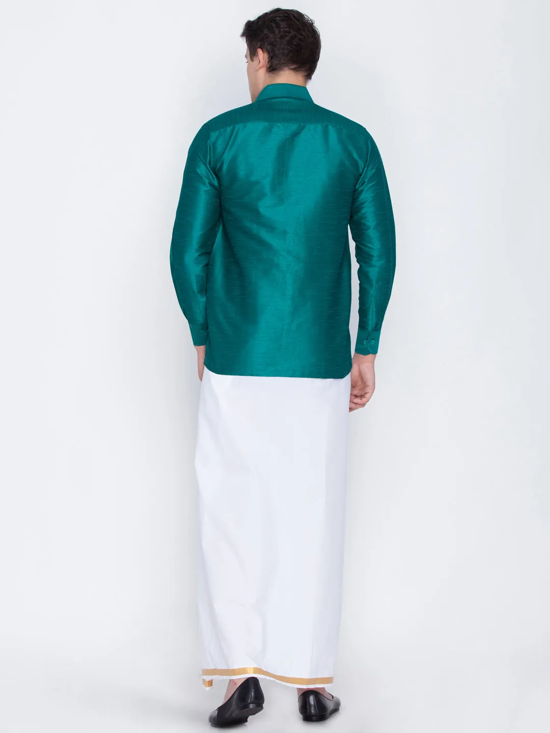 Men's Green And White Silk Blend Shirt And Mundu - Vastramay